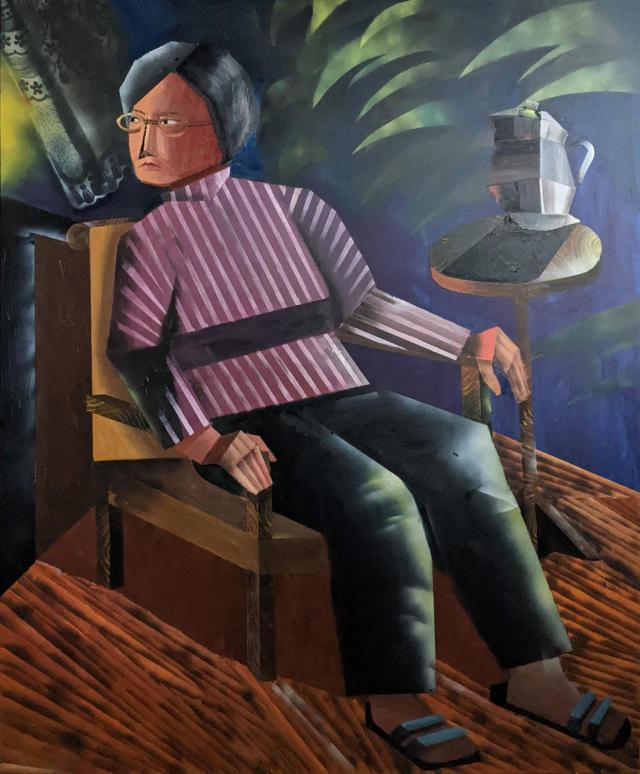 Glorie Grünwaldová, Pozorující, kombinovaná technika na plátně, 140 x 170 cm, do 06/25,